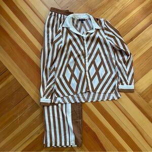 Elegant Brown and White Satin Pant Set